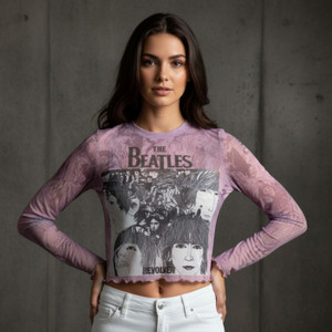 The Beatles Ladies Long Sleeve Mesh Crop Top: Revolver (Pink)