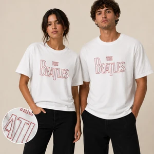 The Beatles Unisex T-Shirt: Drop T Embroidered (White) (Embellished)