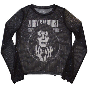 David Bowie Ladies Long Sleeve Crop Top: Ziggy v1 (Black) (Mesh) David Bowie Ladies Long Sleeve Crop Top: Ziggy v1 (Black) (Mesh)