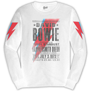 David Bowie Unisex Long Sleeve T-Shirt: Hammersmith Odeon (White) (Sleeve Print) David Bowie Unisex Long Sleeve T-Shirt: Hammersmith Odeon (White) (Sleeve Print)