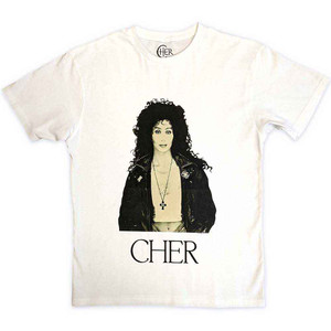 Cher Unisex T-Shirt: Leather Jacket (White) Cher Unisex T-Shirt: Leather Jacket (White)
