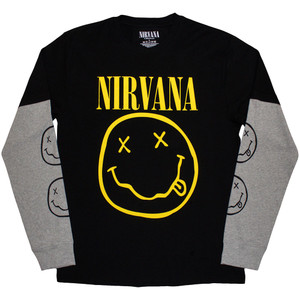 Nirvana Unisex Layered Long Sleeve T-Shirt: Yellow Happy Face (Black & Grey) (Sleeve Print) Nirvana Unisex Layered Long Sleeve T-Shirt: Yellow Happy Face (Black & Grey) (Sleeve Print)