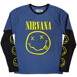 Nirvana Unisex Layered Long Sleeve T-Shirt: Yellow Happy Face (Denim Blue & Black) (Sleeve Print) Nirvana Unisex Layered Long Sleeve T-Shirt: Yellow Happy Face (Denim Blue & Black) (Sleeve Print)