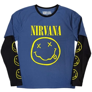 Nirvana Unisex 2 In 1 Layered Long Sleeve T-Shirt: Yellow Happy Face (Denim Blue & Black) (Sleeve Print)