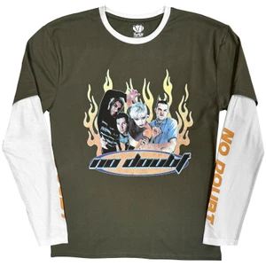 No Doubt Unisex 2 In 1 Layered Long Sleeve T-Shirt: Flames (Green & White) (Sleeve Print)