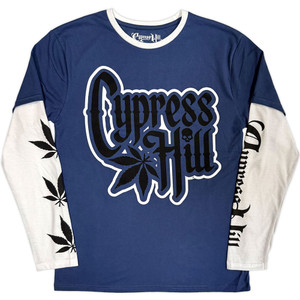 Cypress Hill Unisex Layered Long Sleeve T-Shirt: Leaf & Logo (Denim Blue & White) (Sleeve Print) Cypress Hill Unisex Layered Long Sleeve T-Shirt: Leaf & Logo (Denim Blue & White) (Sleeve Print)