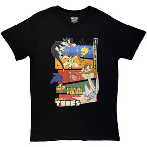 Looney Tunes Unisex T-Shirt: That's All Folks Block Graphic (Black)