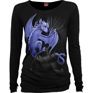 Spiral Ladies Long Sleeve Baggy T-Shirt: Pocket Dragon (Black)