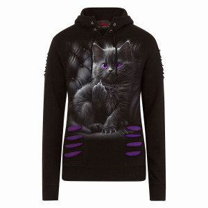 Spiral Ladies Ripped Pullover Hoodie: Cattitude (Black & Purple)