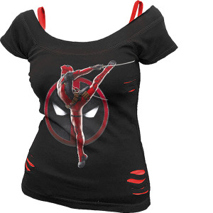 Marvel Comics Ladies 2-in-1 Ripped Top: Deadpool - Pose (Black & Red)