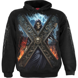 Spiral Unisex Pullover Hoodie: Crossed Over (Black) (Back & Sleeve Print)