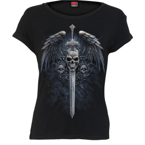 Spiral Ladies Boatneck Bat Sleeve Top: Angel Sword (Black)