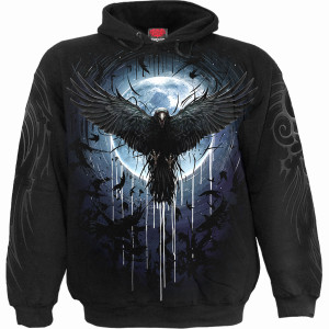 Spiral Unisex Pullover Hoodie: Crow Moon (Black) (Back & Sleeve Print)