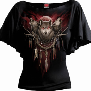 Spiral Ladies Latin Boatneck Top: Cry Of The Wolf (Black)