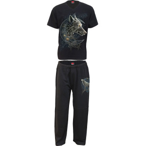 Spiral Unisex 4 Piece Gothic Pyjama Set: Celtic Wolf (Black) (Back Print)