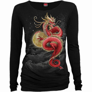 Spiral Ladies Long Sleeve Baggy T-Shirt: Shenlong (Black)