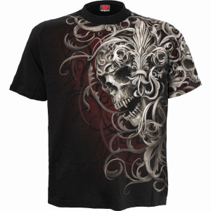 Spiral Unisex T-Shirt: Skull Shoulder Wrap (Black) (All Over Print)