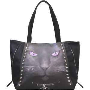 Spiral PU Leather Tote Bag: Black Cat (Black)