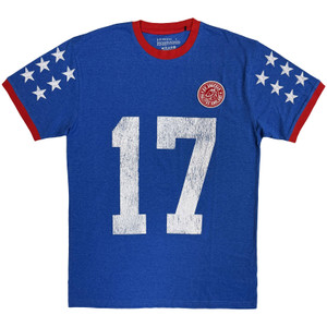 Ed Sheeran Unisex Ringer T-Shirt: Play 17 (Blue) (Sleeve Print)