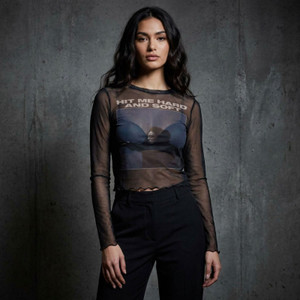 Billie Eilish Ladies Long Sleeve Mesh Crop Top: HMHAS Tracklist (Black) (Back Print)