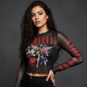 Nirvana Ladies Long Sleeve Mesh Crop Top: In Utero Vintage Collage (Black)
