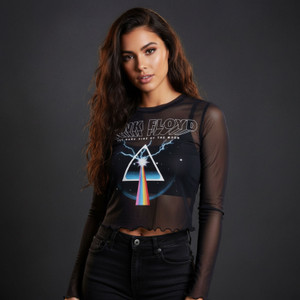 Pink Floyd Ladies Long Sleeve Mesh Crop Top: Lightning Prism (Navy Blue)