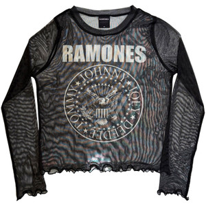Ramones Ladies Long Sleeve Mesh Crop Top: Presidential Seal (Black)