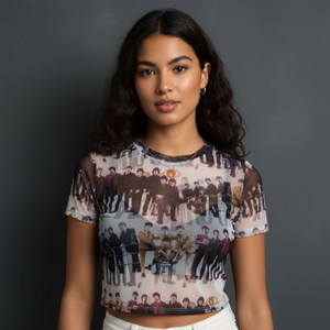 The Beatles Ladies Short Sleeve Mesh Crop Top: Anthology Group Repeat (White) (All Round)