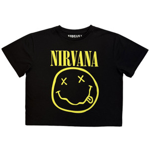 Nirvana Ladies Crop Top: Yellow Happy Face (Black)