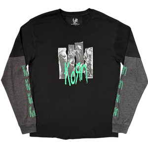 Korn Unisex Layered Long Sleeve T-Shirt: Ripped Photos (Black & Charcoal) (Sleeve Print)