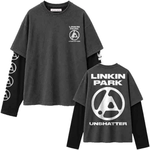 Linkin Park Unisex Layered Long Sleeve T-Shirt: Unshatter (Charcoal Grey & Black) (Back Print & Sleeve Print)