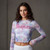 The Beatles Ladies Long Sleeve Mesh Crop Top: Drop T Logo (White)