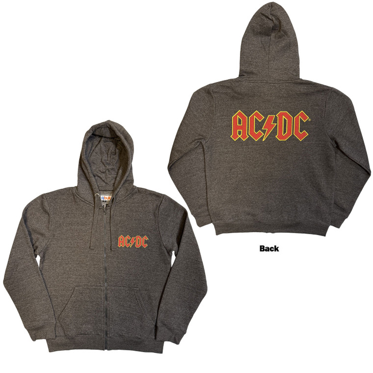 AC/DC Unisex Zipped Hoodie: Logo (Charcoal Grey) (Back Print)
