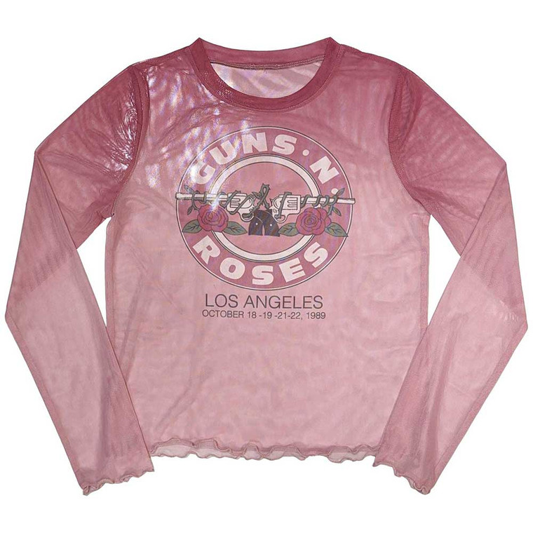 Guns N' Roses Ladies Long Sleeve Crop Top: Bullet Seal (Pink) (Mesh)