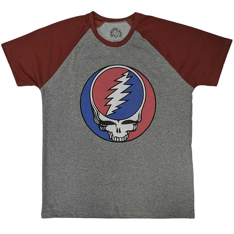 Grateful Dead Unisex Raglan T-Shirt: Steal Your Face Classic (Grey & Red)