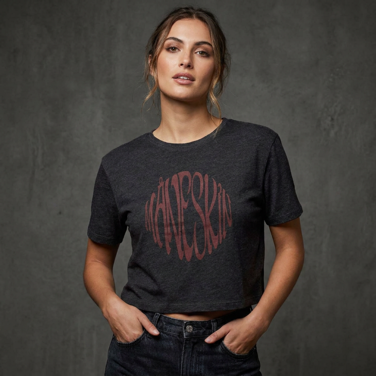 Maneskin Ladies Crop Top: Warped Logo (Charcoal Grey) (Ex-Tour)
