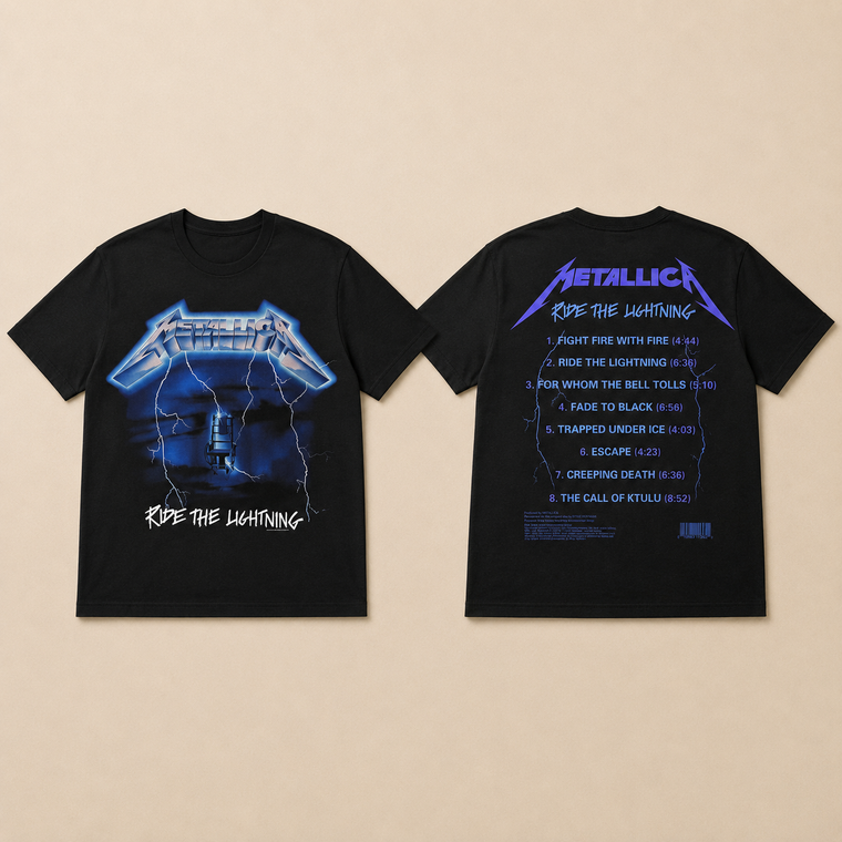 Metallica Unisex T-Shirt: Ride The Lightning Tracks (Black) (Back Print)