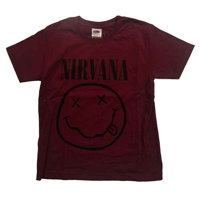 Nirvana Kids T-Shirt: Grey Happy Face (Maroon Red)