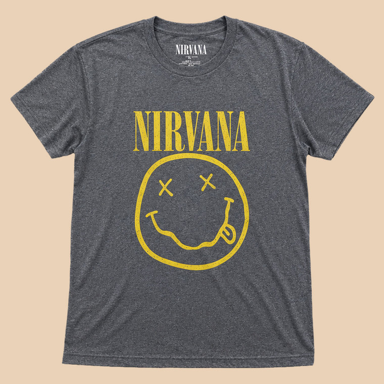 Nirvana Unisex T-Shirt: Yellow Happy Face (Brindle) (Back Print)