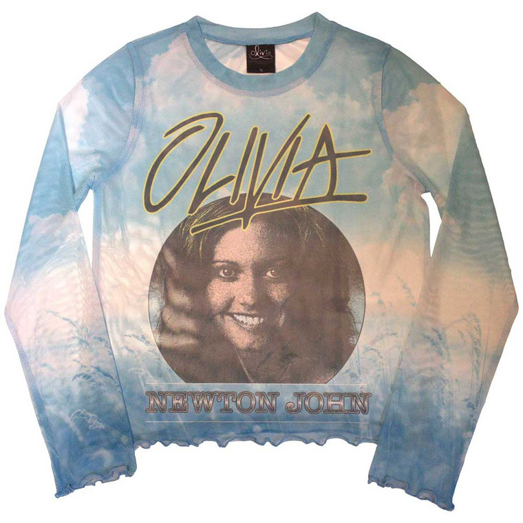 Olivia Newton-John Ladies Long Sleeve Crop Top: Circle Photo (Light Blue) (Mesh)