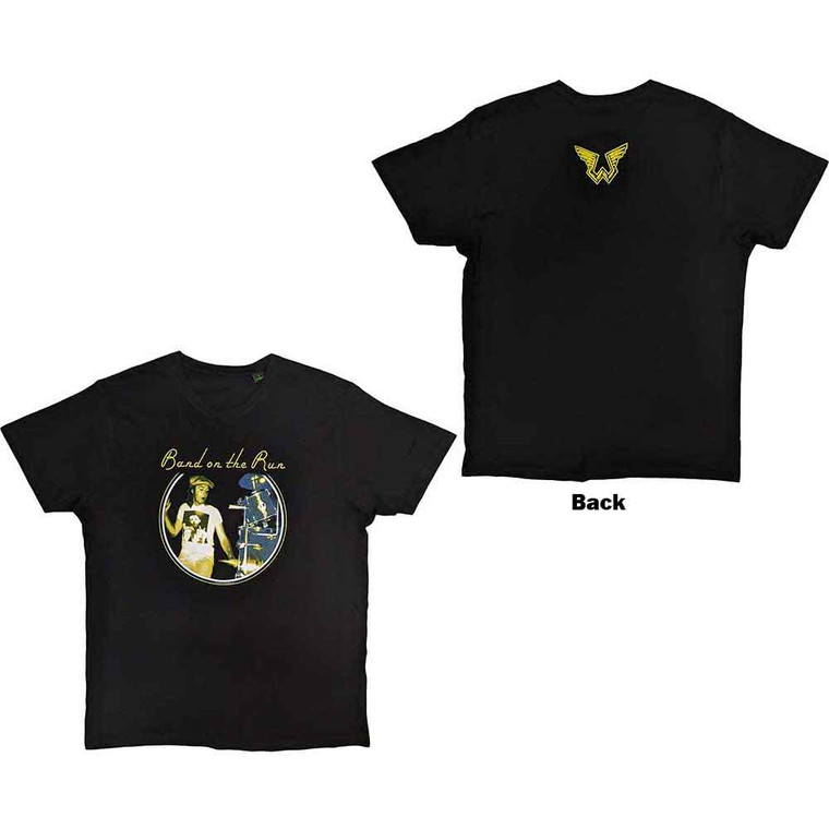 Paul McCartney Unisex T-Shirt: Wings Band on the Run (Black) (Back Print)