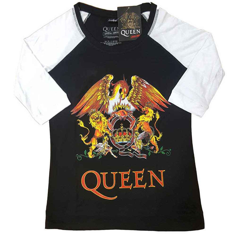 Queen Ladies Raglan T-Shirt: Classic Crest (Black & White)