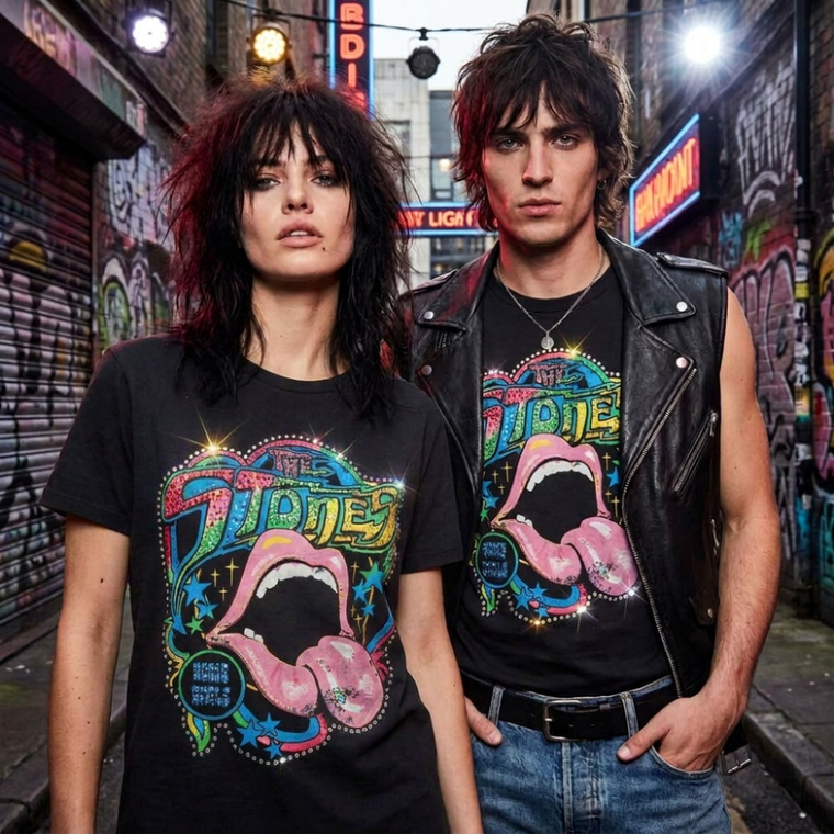 The Rolling Stones Unisex T-Shirt: Some Girls Neon Tongue (Faded Black) (Embellished)