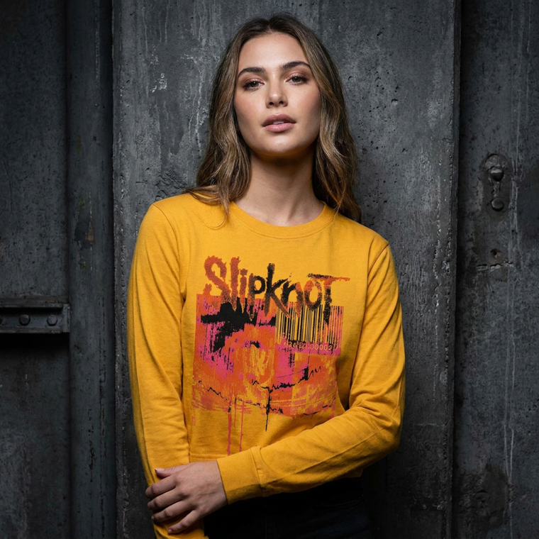 Slipknot Ladies Long Sleeve Crop Top: The End, So Far Barcode (Yellow) (Back Print)