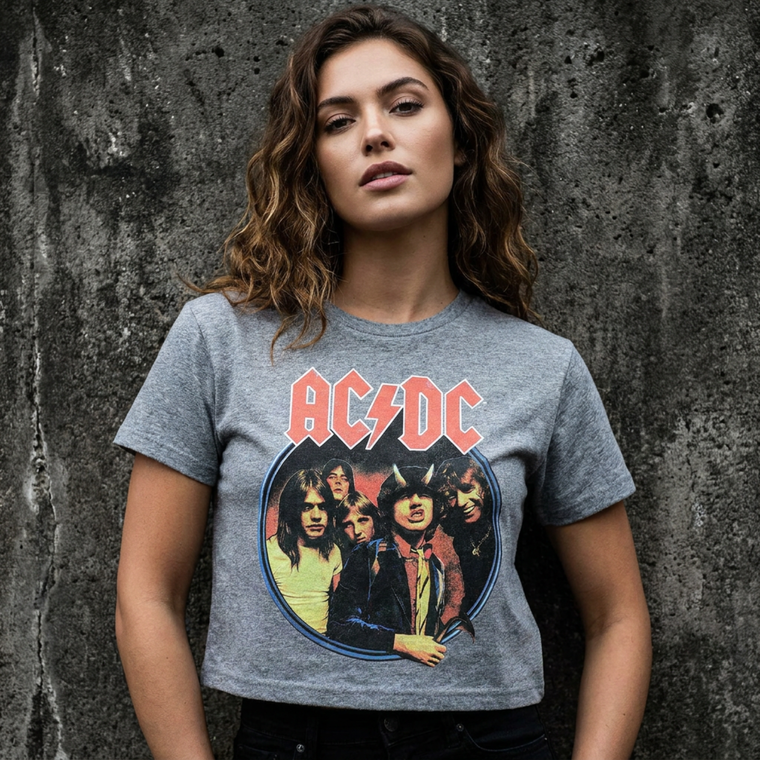 AC/DC Ladies Crop Top: Highway To Hell Circle (Grey)