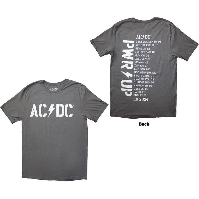 AC/DC Unisex T-Shirt: Logo PWR-UP EU Tour '24 (Grey) (Back Print & Ex-Tour)
