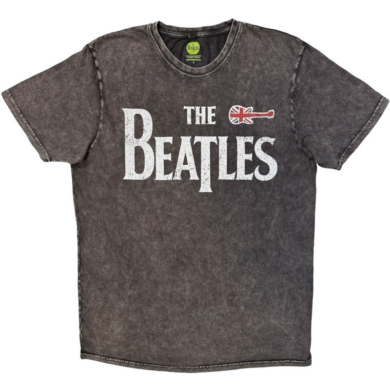 The Beatles Unisex Stone Wash T-Shirt: Guitar & Drop T (Charcoal Grey)