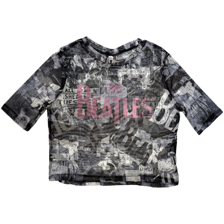 The Beatles Ladies Crop Top: All-Over-Print & Drop T Logo (White) (Mesh)