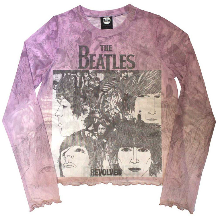 The Beatles Ladies Long Sleeve Crop Top: Revolver (Pink) (Mesh)