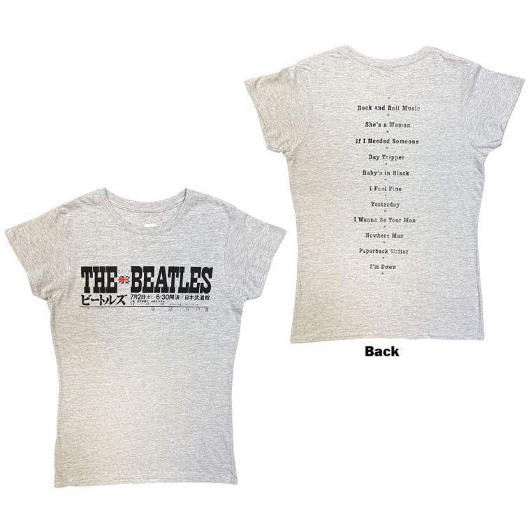 The Beatles Ladies T-Shirt: Budokan Set List (Grey) (Back Print)